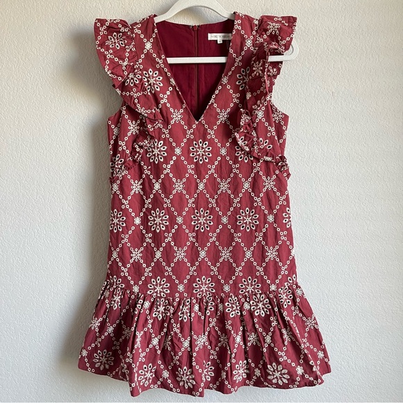 Free the Roses Dresses & Skirts - FREE THE ROSES Burgundy Red Embroidered Eyelet Ruffle Midi Dress Women’s Size XS